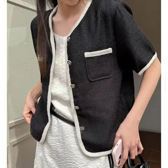 [BUNJANG] Tweed Short Sleeve Jacket with Black Color Block Detail / 트위드 반팔 자켓 블랙 배색 포인트