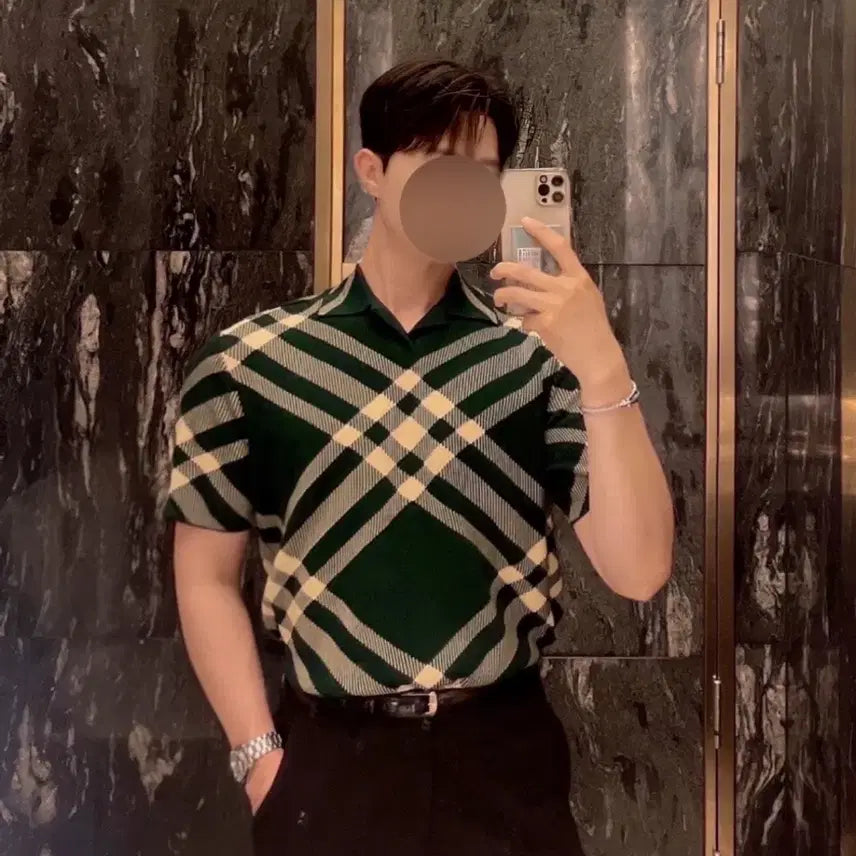 [BUNJANG] Burberry Knit Short Sleeve Polo Shirt Green Check Pattern / 버버리 니트반팔