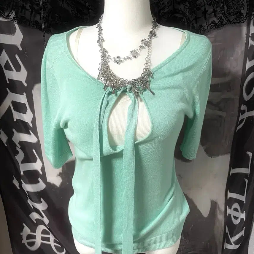 [BUNJANG] Vintage 2010s Mint Layered Short-Sleeve Knit Lace Camisole Set / 00s 2010 빈티지민트 레이어드반팔니트레이스란제리나시셋업 핀터레스트