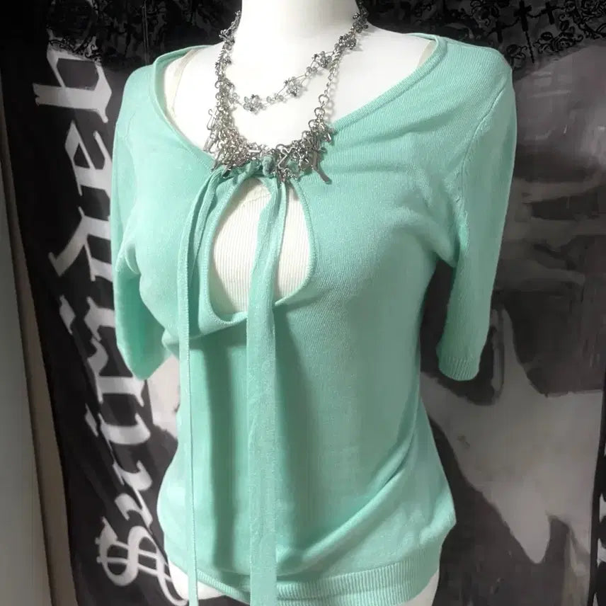 [BUNJANG] Vintage 2010s Mint Layered Short-Sleeve Knit Lace Camisole Set / 00s 2010 빈티지민트 레이어드반팔니트레이스란제리나시셋업 핀터레스트