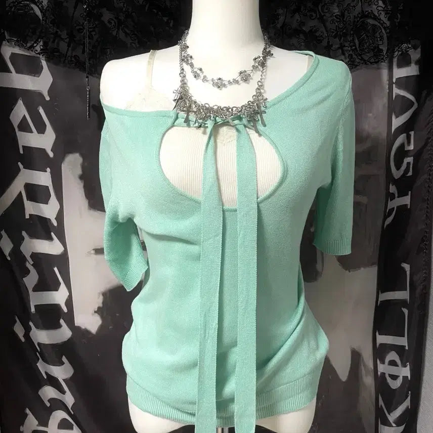 [BUNJANG] Vintage 2010s Mint Layered Short-Sleeve Knit Lace Camisole Set / 00s 2010 빈티지민트 레이어드반팔니트레이스란제리나시셋업 핀터레스트