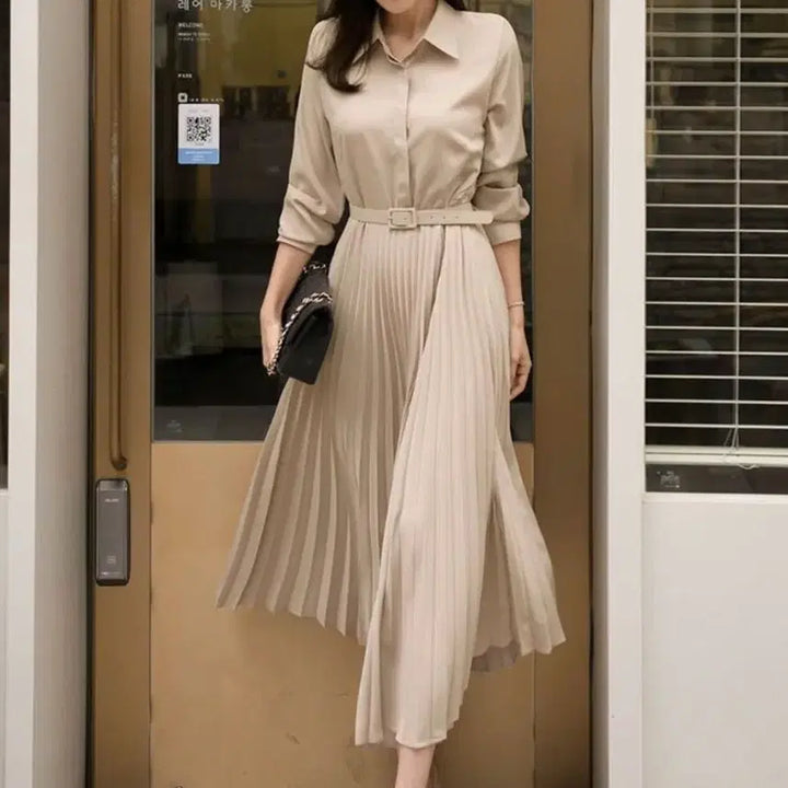 [BUNJANG] Collared Shirt Pleated Dress / 카라 셔츠 플리츠 원피스-M