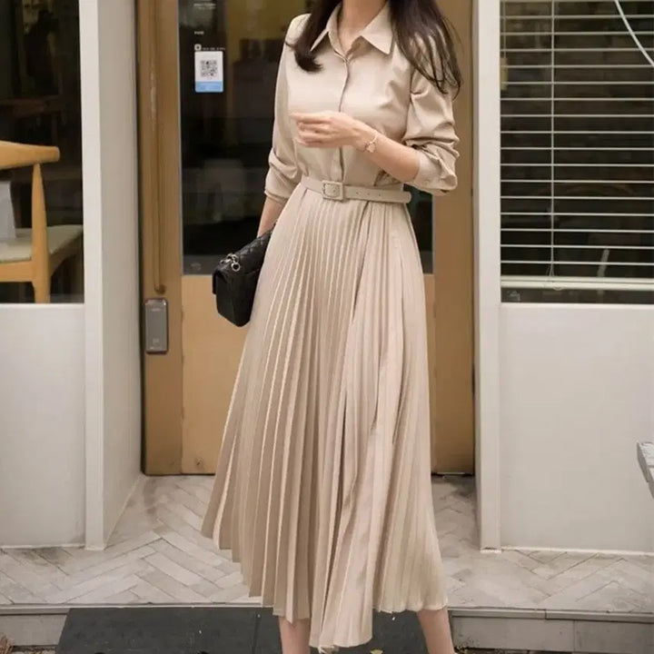 [BUNJANG] Collared Shirt Pleated Dress / 카라 셔츠 플리츠 원피스-M