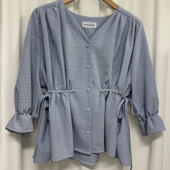 [BUNJANG] Sorbet Check Pattern Short Sleeve Blouse / 소라색 깅엄체크 블라우스