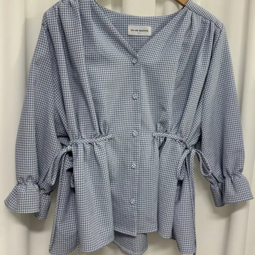[BUNJANG] Sorbet Check Pattern Short Sleeve Blouse / 소라색 깅엄체크 블라우스