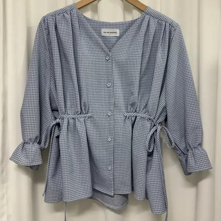[BUNJANG] Sorbet Check Pattern Short Sleeve Blouse / 소라색 깅엄체크 블라우스