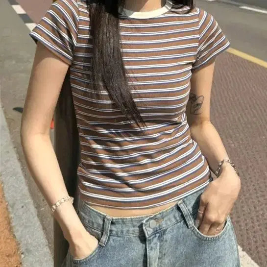 [BUNJANG] Color Block Stripe Short Sleeve T-Shirt / *빠른급처원함* 배색 스트라이프 반팔 티셔츠 *새상품*