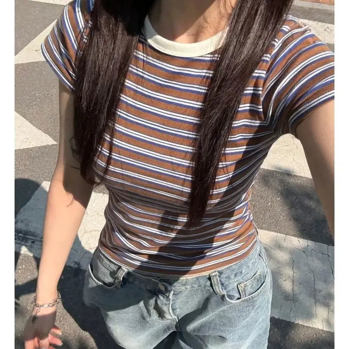 [BUNJANG] Color Block Stripe Short Sleeve T-Shirt / *빠른급처원함* 배색 스트라이프 반팔 티셔츠 *새상품*