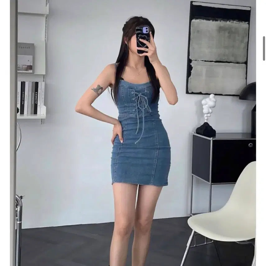 [BUNJANG] Denim Corset Tank Mini Dress / 데님 코르셋 나시 미니 원피스