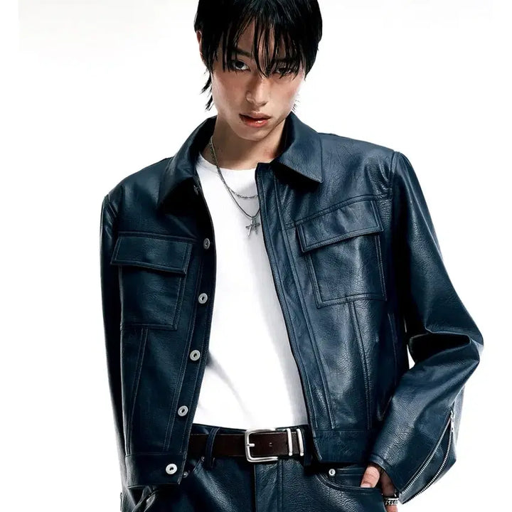 [BUNJANG] Allene Leather Trucker Jacket Navy / [1] 알렌느 레더 트러커 자켓 네이비