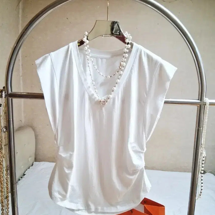 [BUNJANG] Silky Cotton White Shirring Short Sleeve T-Shirt / 실키 면 화이트 셔링 반팔 티셔츠. 날씬하신분