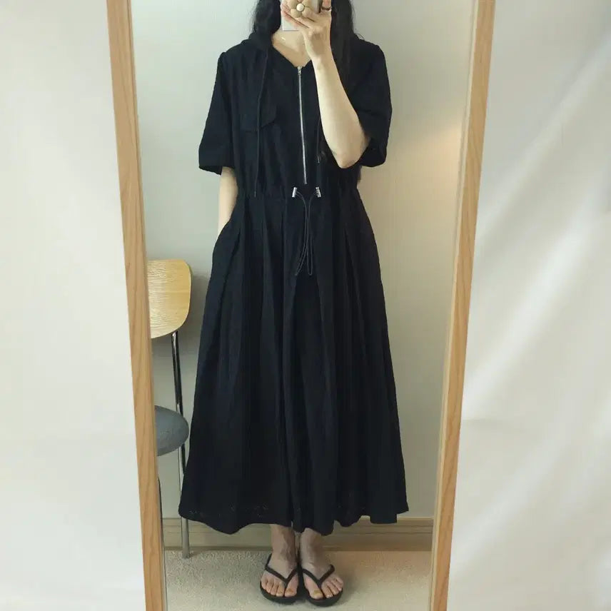 [BUNJANG] LadyLady Hooded Zip-Up Long T-Shirt Dress Black / (F)LadyLady 여성 후드 반팔 롱 원피스 집업 블랙 J1W3291