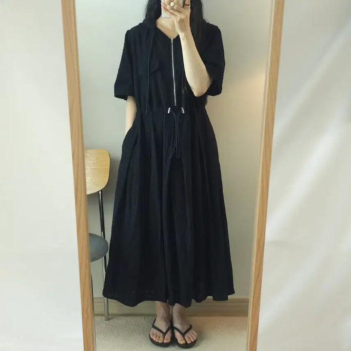 [BUNJANG] LadyLady Hooded Zip-Up Long T-Shirt Dress Black / (F)LadyLady 여성 후드 반팔 롱 원피스 집업 블랙 J1W3291