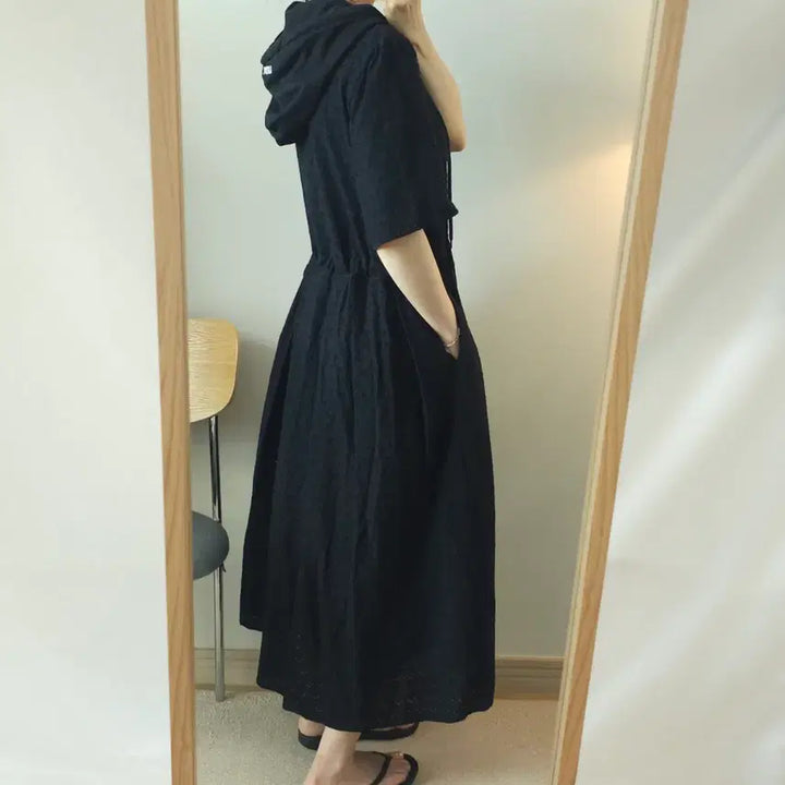 [BUNJANG] LadyLady Hooded Zip-Up Long T-Shirt Dress Black / (F)LadyLady 여성 후드 반팔 롱 원피스 집업 블랙 J1W3291
