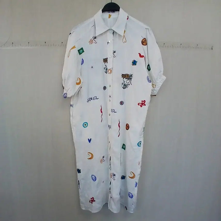 [BUNJANG] White Linen Print Short Sleeve Shirt Dress / 화이트 린넨 프린트 셔츠 원피스 반팔