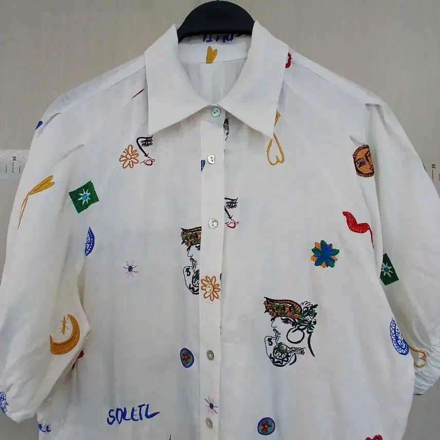 [BUNJANG] White Linen Print Short Sleeve Shirt Dress / 화이트 린넨 프린트 셔츠 원피스 반팔
