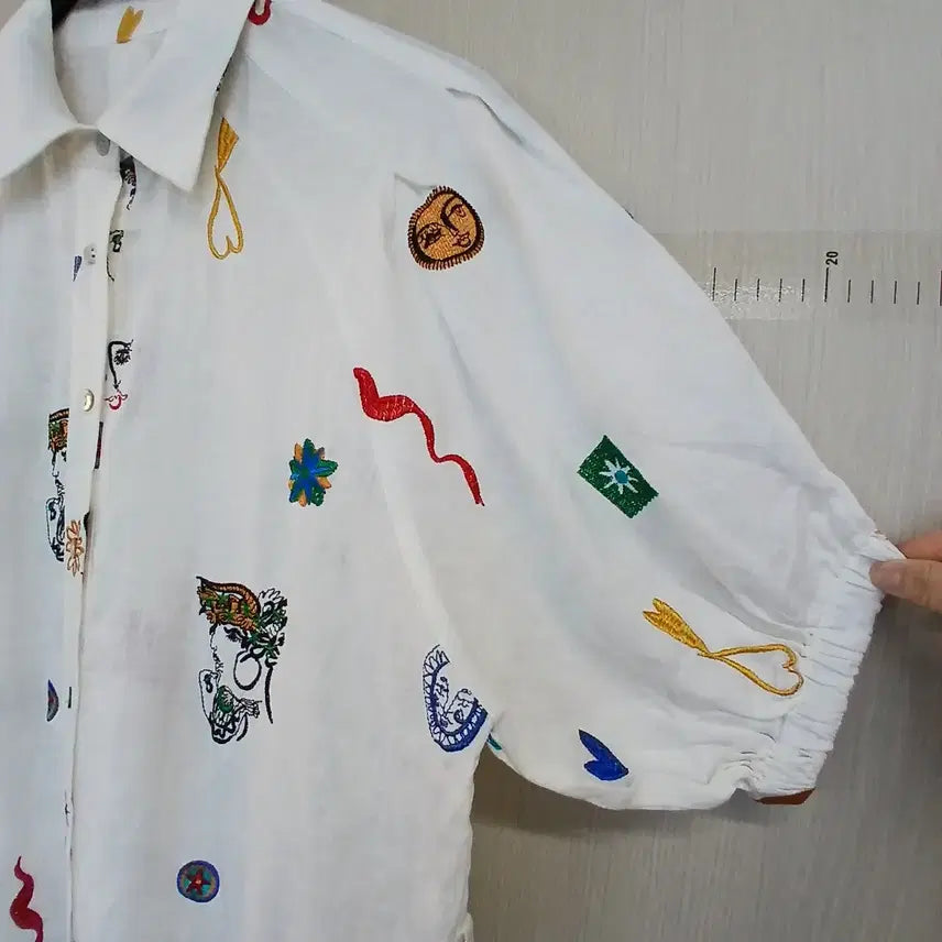 [BUNJANG] White Linen Print Short Sleeve Shirt Dress / 화이트 린넨 프린트 셔츠 원피스 반팔