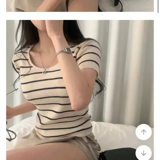 [BUNJANG] Ribbed Stripe Short Sleeve Knit T-shirt / 골지 단가라 반팔 니트 티셔츠