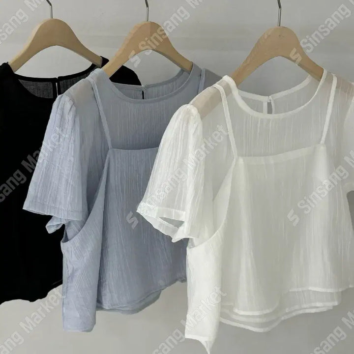 [BUNJANG] Wrinkle Short Sleeve Blouse Bustier Set / 분리O 뷔스티에 세트 링클 반팔 블라우스 / 103