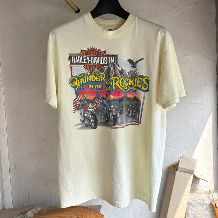[BUNJANG] 80s Harley-Davidson Cream Cartoon Artwork T-Shirt / 80s 빈티지 할리데이비슨 반팔 티셔츠