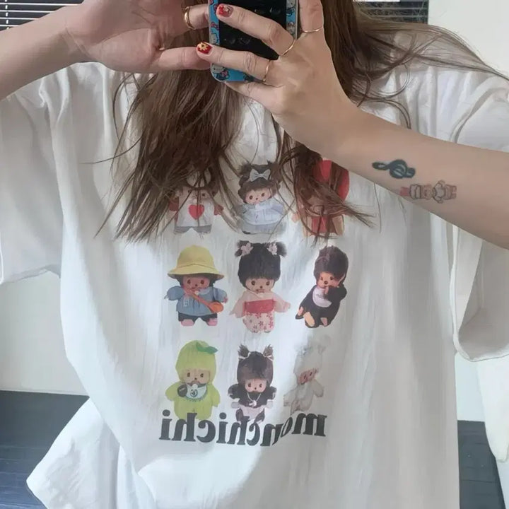 [BUNJANG] Monchhichi Printed Short Sleeve T-Shirt / 몬치치 프린팅 반팔