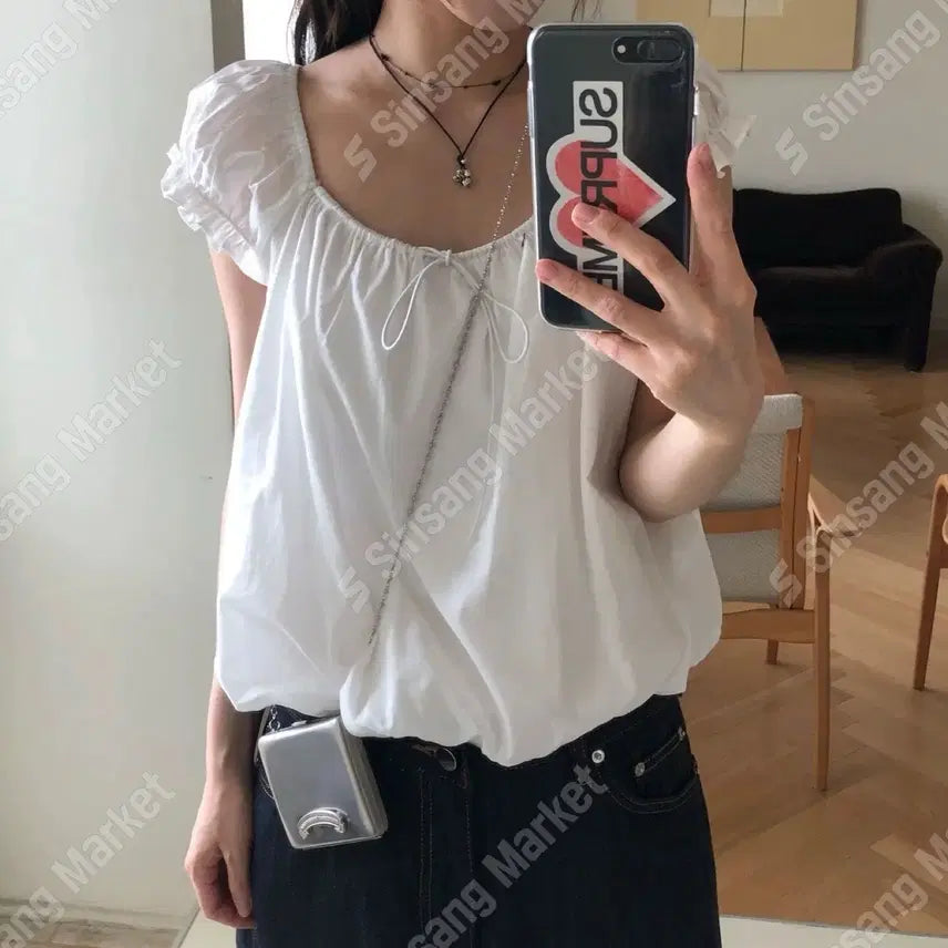 [BUNJANG] Frill Puff Shirring Ribbon Banding Cotton Blouse / 프릴 퍼프 셔링 리본 밴딩 바스락 코튼 블라우스 / 105