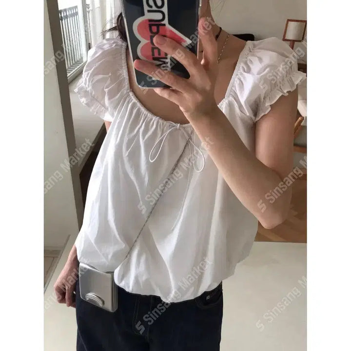 [BUNJANG] Frill Puff Shirring Ribbon Banding Cotton Blouse / 프릴 퍼프 셔링 리본 밴딩 바스락 코튼 블라우스 / 105