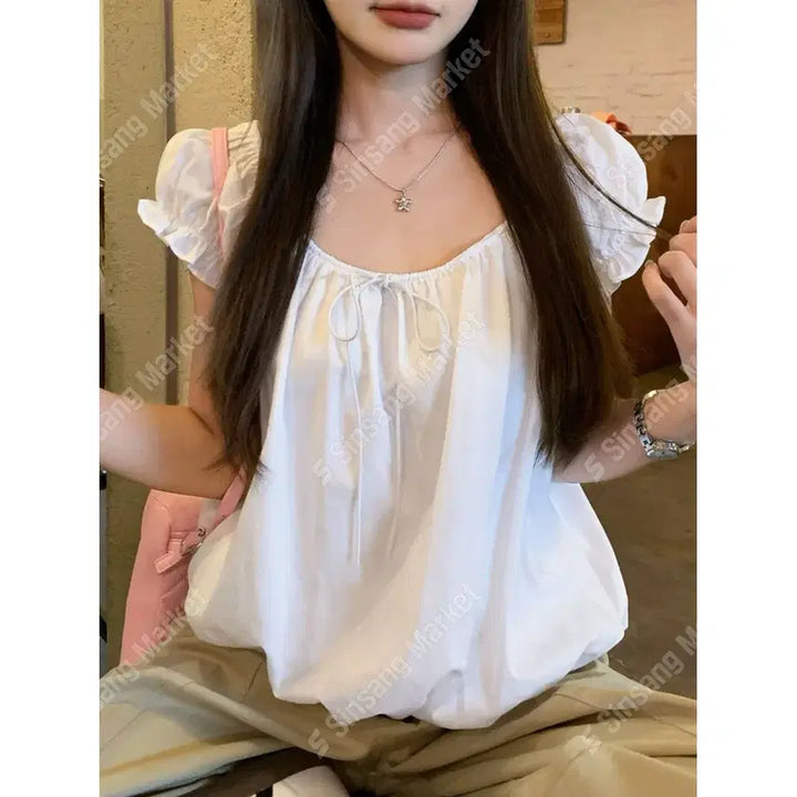 [BUNJANG] Frill Puff Shirring Ribbon Banding Cotton Blouse / 프릴 퍼프 셔링 리본 밴딩 바스락 코튼 블라우스 / 105