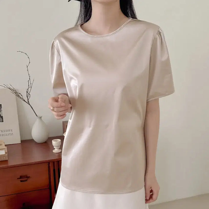 [BUNJANG] Pois Signature Satin Blouse Beige / 뿌아(pois) 시그니처 블라우스 55-66 새상품