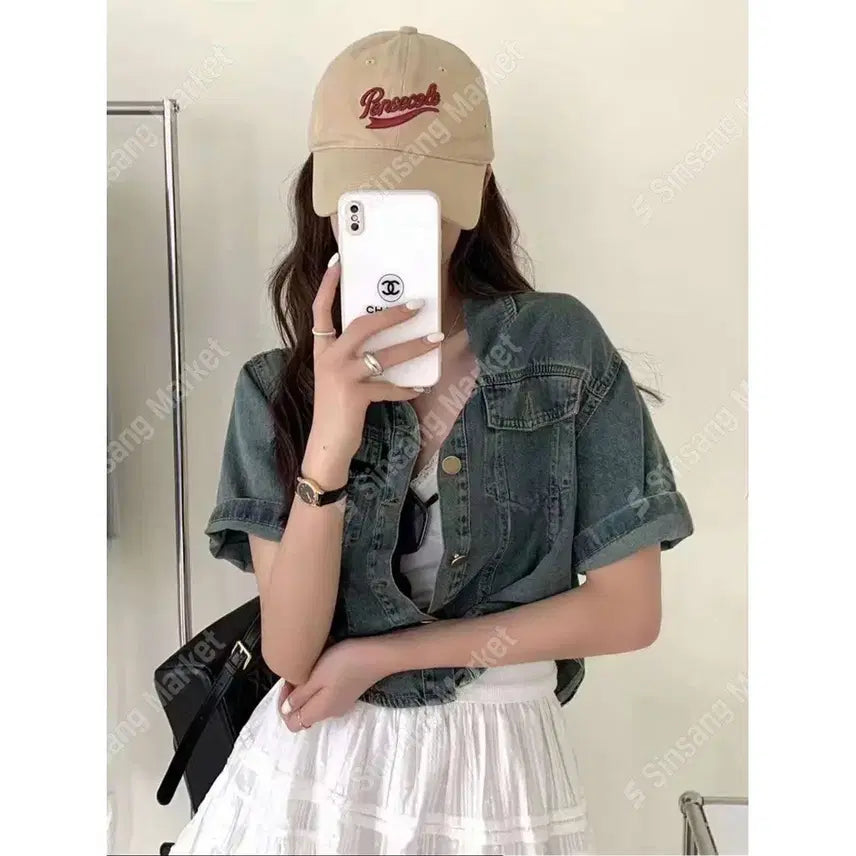 [BUNJANG] Denim Cropped Jacket with Rolled Sleeves / 크롭자켓 데님자켓 롤업자켓 데님 / 106