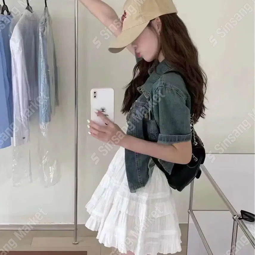 [BUNJANG] Denim Cropped Jacket with Rolled Sleeves / 크롭자켓 데님자켓 롤업자켓 데님 / 106