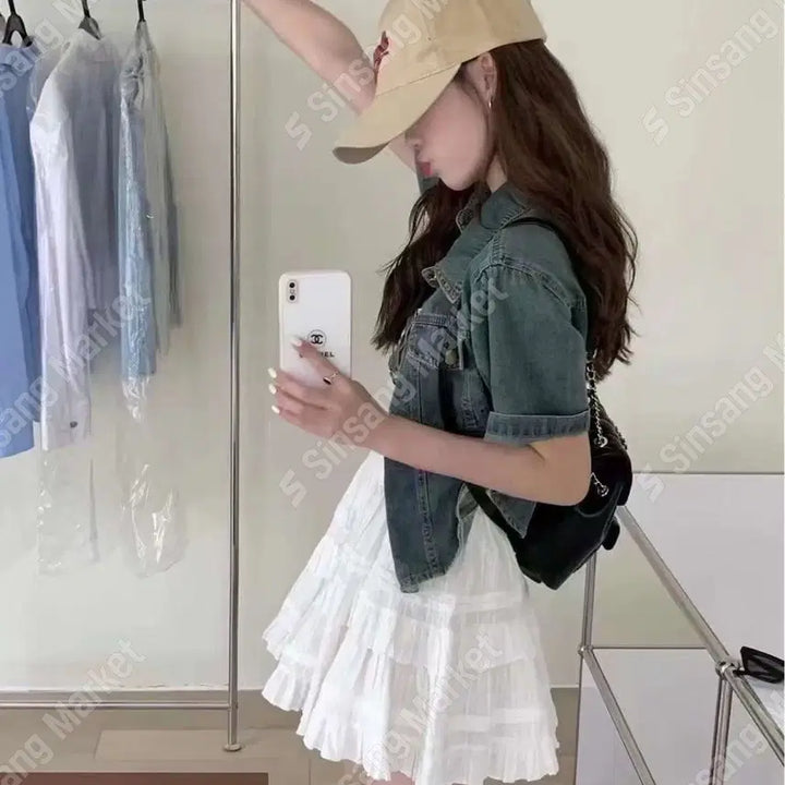 [BUNJANG] Denim Cropped Jacket with Rolled Sleeves / 크롭자켓 데님자켓 롤업자켓 데님 / 106