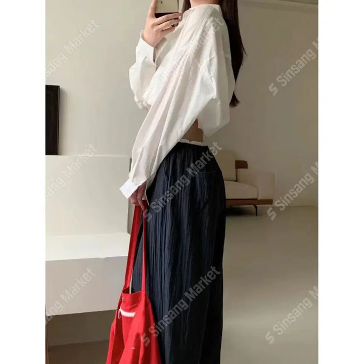 [BUNJANG] Ribbon Color-Block Frill Lace Wide Pants / 허리배색 프릴 레이스 와이드 바스락팬츠 / 109