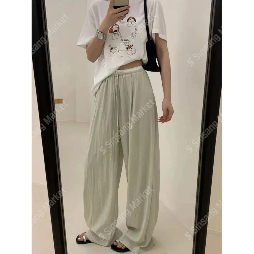 [BUNJANG] Ribbon Color-Block Frill Lace Wide Pants / 허리배색 프릴 레이스 와이드 바스락팬츠 / 109