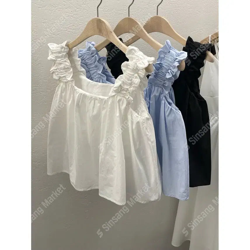 [BUNJANG] Cotton Frill Shirring Banding Sleeveless Blouse / 코튼 프릴 탑 셔링 밴딩 나시 블라우스 / 111