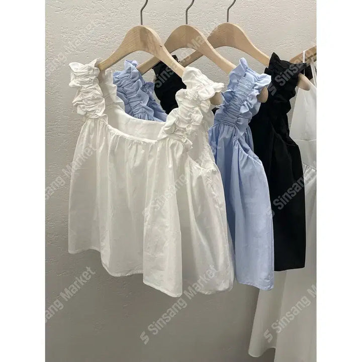 [BUNJANG] Cotton Frill Shirring Banding Sleeveless Blouse / 코튼 프릴 탑 셔링 밴딩 나시 블라우스 / 111