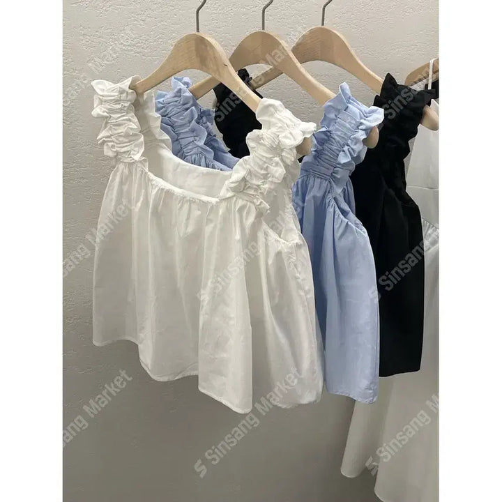 [BUNJANG] Cotton Frill Shirring Banding Sleeveless Blouse / 코튼 프릴 탑 셔링 밴딩 나시 블라우스 / 111