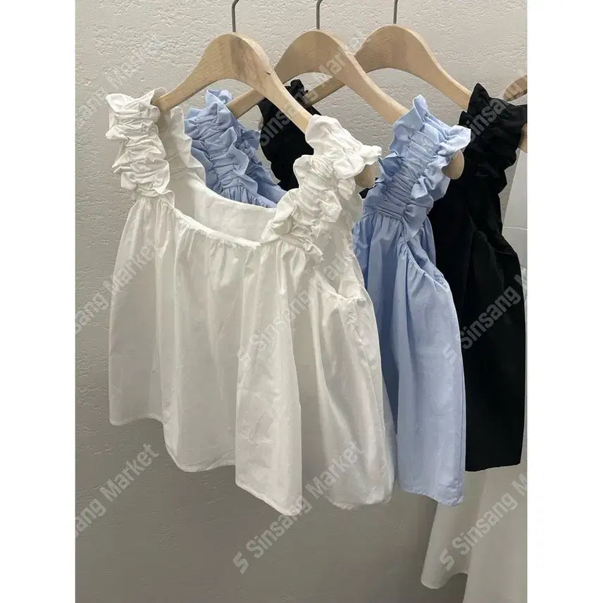 [BUNJANG] Cotton Frill Shirring Banding Sleeveless Blouse / 코튼 프릴 탑 셔링 밴딩 나시 블라우스 / 111