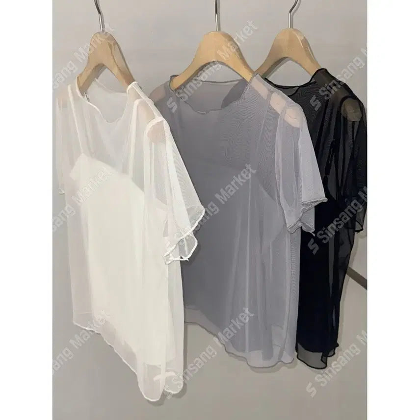 [BUNJANG] Chiffon See-through Layered Short Sleeve Blouse / 쉬폰 시스루 레이어드 반팔 블라우스 / 112