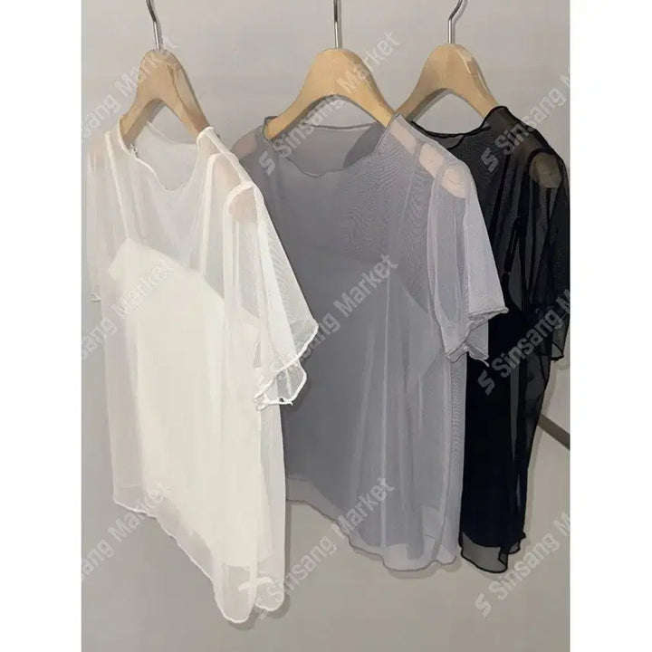 [BUNJANG] Chiffon See-through Layered Short Sleeve Blouse / 쉬폰 시스루 레이어드 반팔 블라우스 / 112