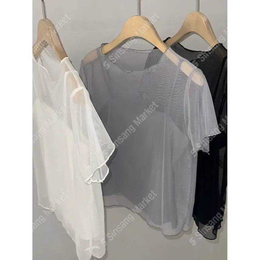 [BUNJANG] Chiffon See-through Layered Short Sleeve Blouse / 쉬폰 시스루 레이어드 반팔 블라우스 / 112