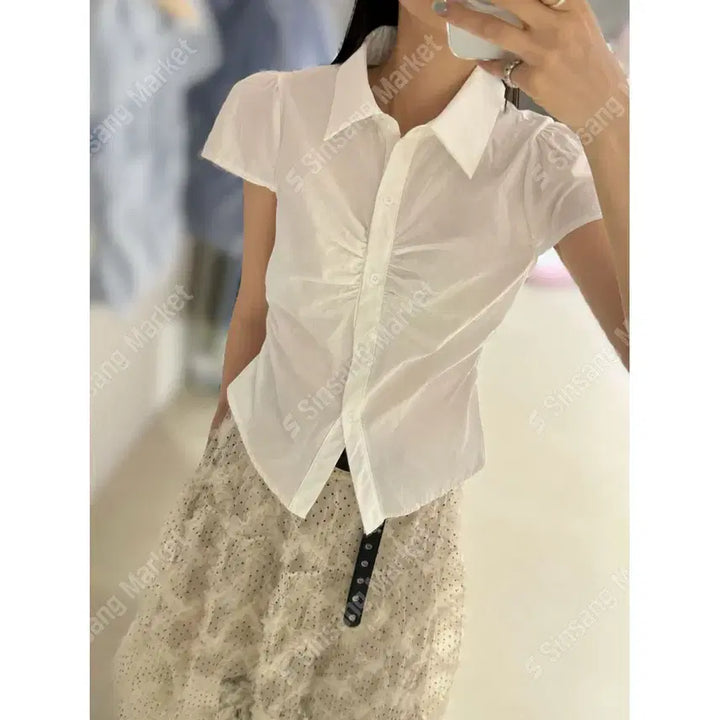 [BUNJANG] Puff Shirring Slim Fit Geek Chic Cotton Blouse / 퍼프 셔링 슬림핏 긱시크 코튼 블라우스 / 115