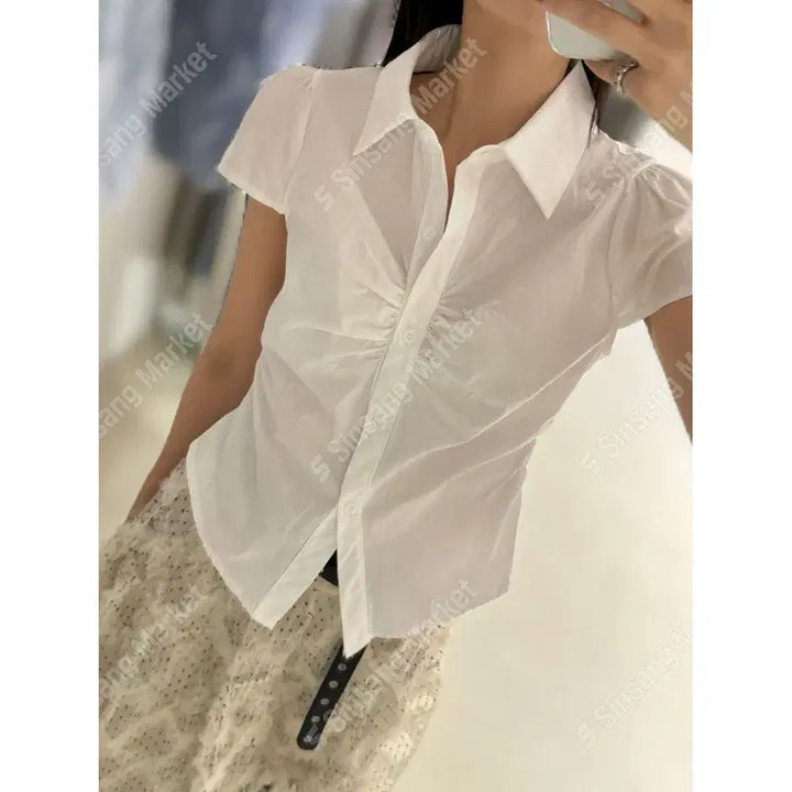 [BUNJANG] Puff Shirring Slim Fit Geek Chic Cotton Blouse / 퍼프 셔링 슬림핏 긱시크 코튼 블라우스 / 115