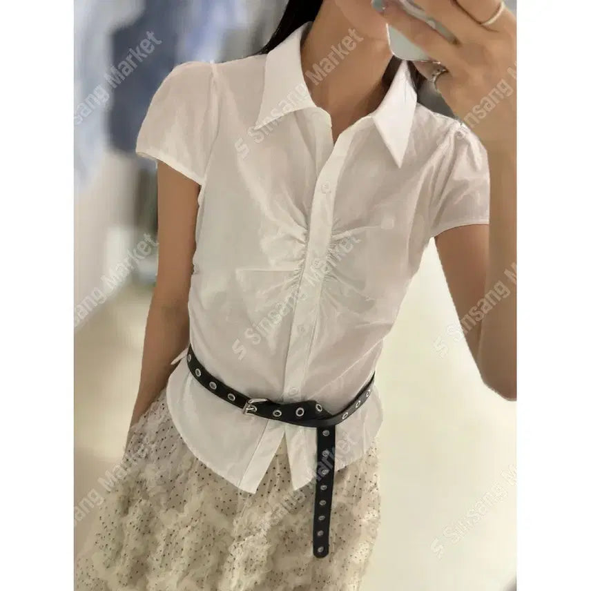 [BUNJANG] Puff Shirring Slim Fit Geek Chic Cotton Blouse / 퍼프 셔링 슬림핏 긱시크 코튼 블라우스 / 115