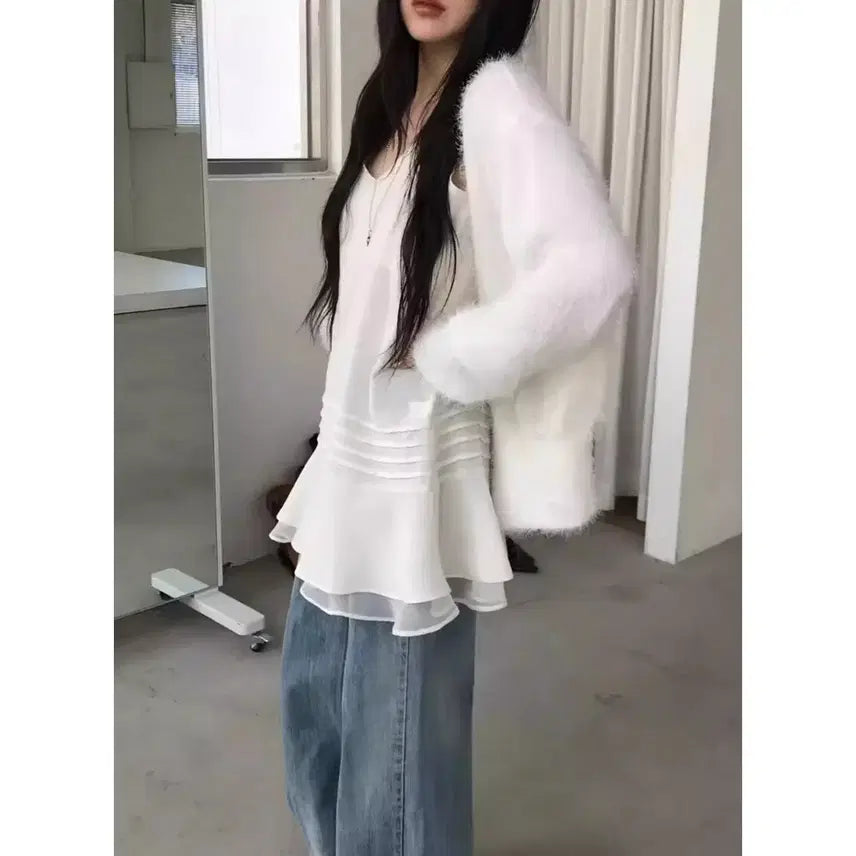 [BUNJANG] Frill Pintuck Layered Chiffon Camisole Bustier Mini Dress / 프릴 핀턱 레이어드 쉬폰 끈나시 뷔스티에 미니원피스 / 116