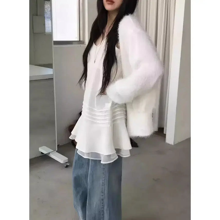[BUNJANG] Frill Pintuck Layered Chiffon Camisole Bustier Mini Dress / 프릴 핀턱 레이어드 쉬폰 끈나시 뷔스티에 미니원피스 / 116