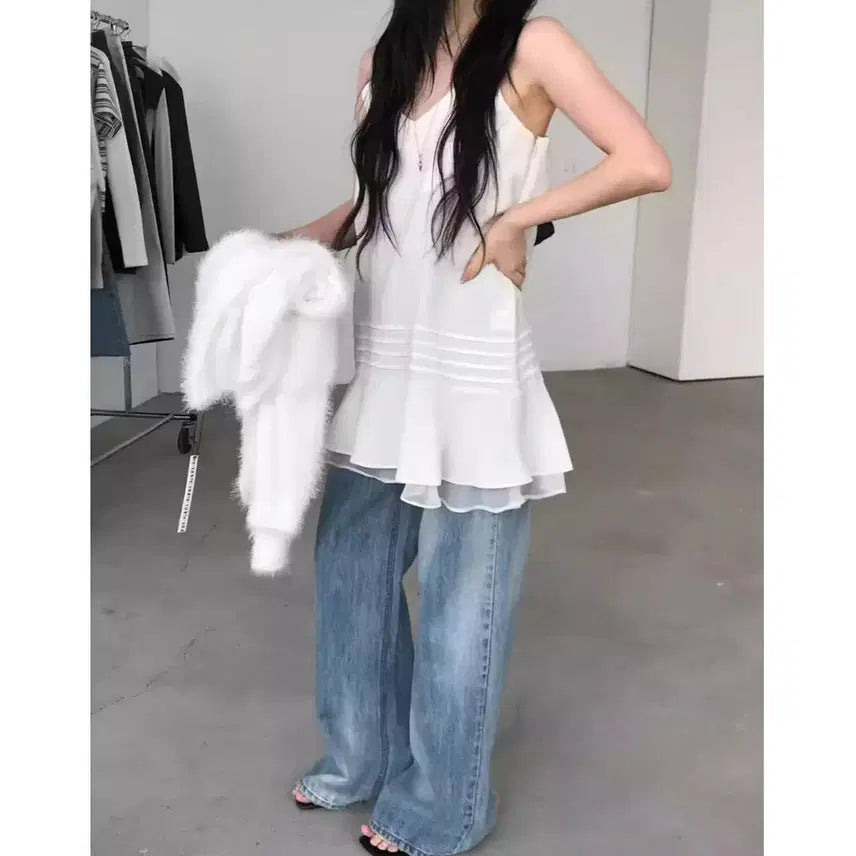 [BUNJANG] Frill Pintuck Layered Chiffon Camisole Bustier Mini Dress / 프릴 핀턱 레이어드 쉬폰 끈나시 뷔스티에 미니원피스 / 116
