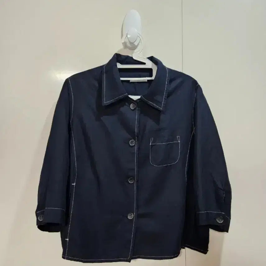 [BUNJANG] Navy Stitch 7-Sleeve Cotton Shirt / 네이비 스티치 7부 소매 면 셔츠