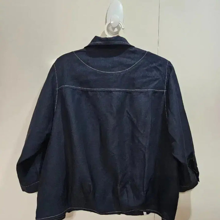 [BUNJANG] Navy Stitch 7-Sleeve Cotton Shirt / 네이비 스티치 7부 소매 면 셔츠