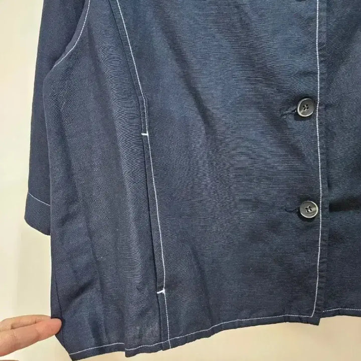 [BUNJANG] Navy Stitch 7-Sleeve Cotton Shirt / 네이비 스티치 7부 소매 면 셔츠